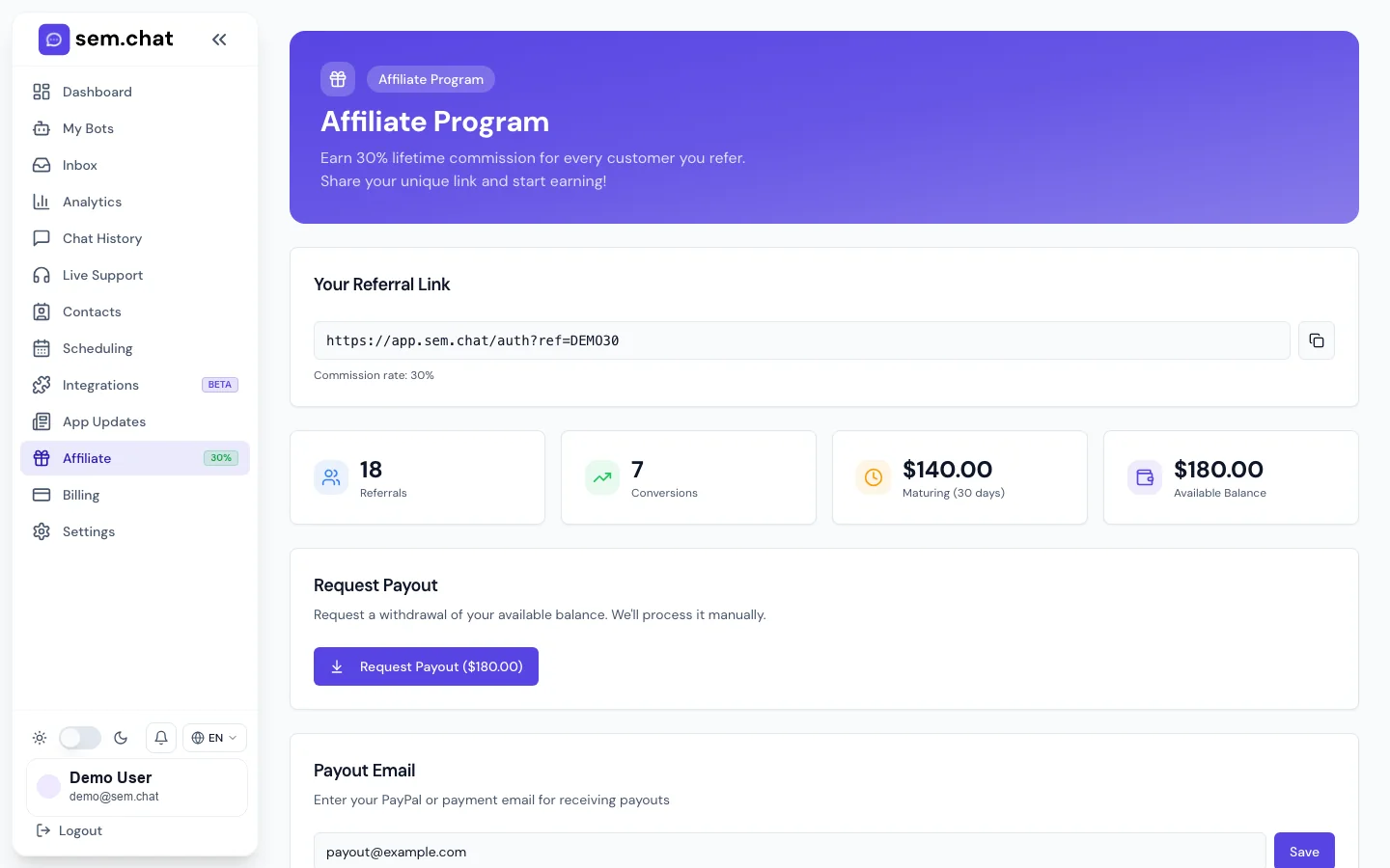 Реальный CRM Software Pro скриншот демонстрационной рабочей области партнерской программы
