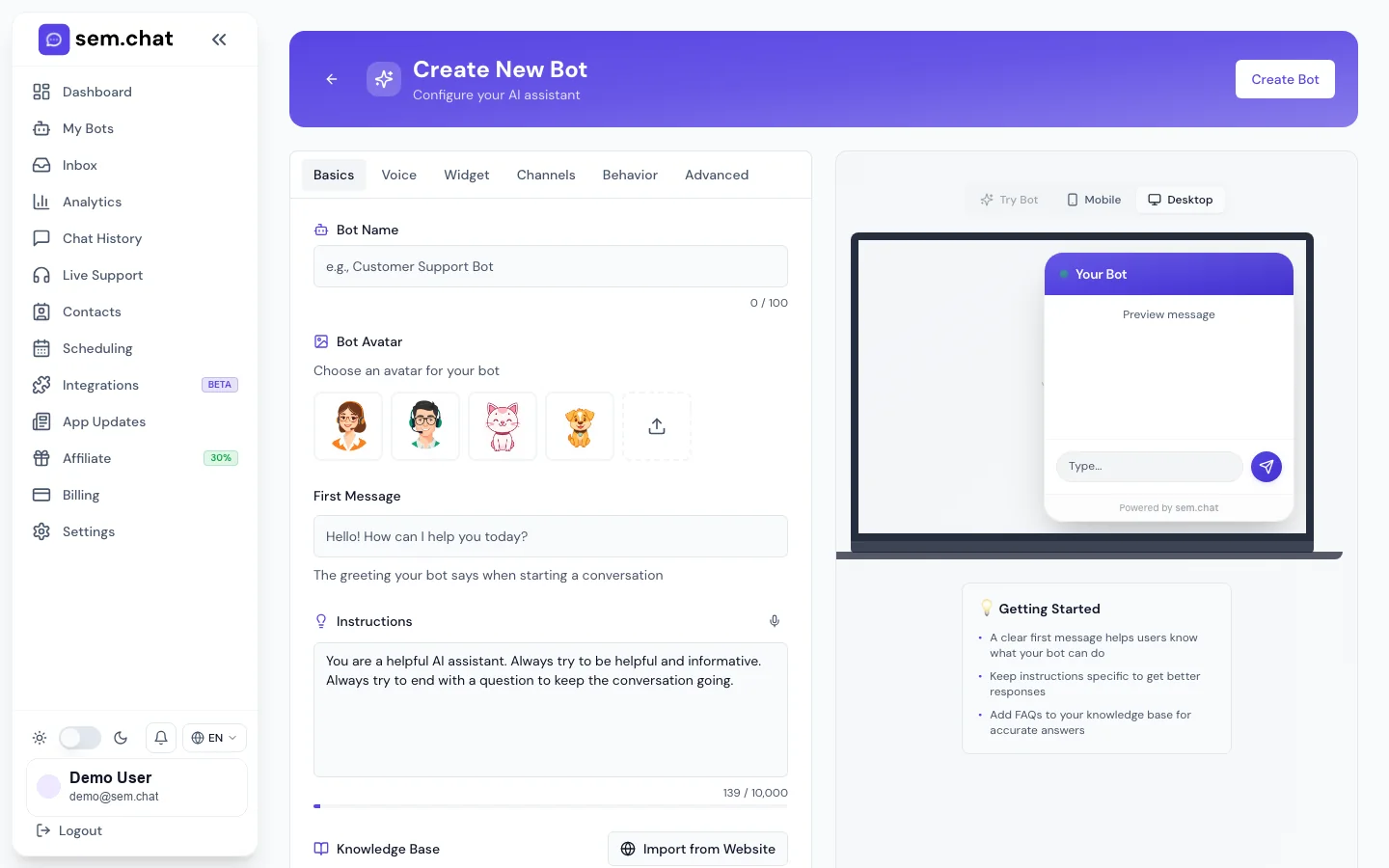 Реальный CRM Software Pro скриншот демонстрационной рабочей области с основами Bot Builder