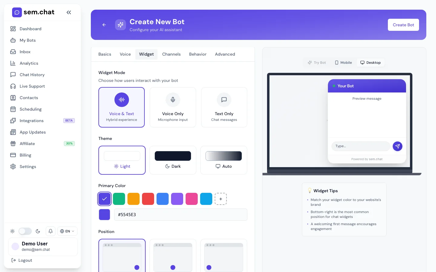 Реальный CRM Software Pro скриншот демонстрационной рабочей области с настройками виджета