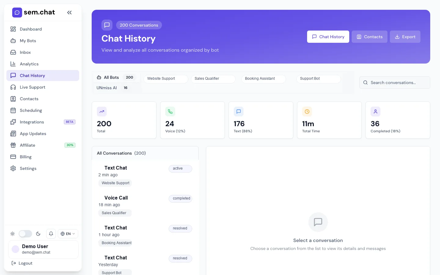 Real CRM Software Pro Скриншот демонстрационной рабочей области истории чата