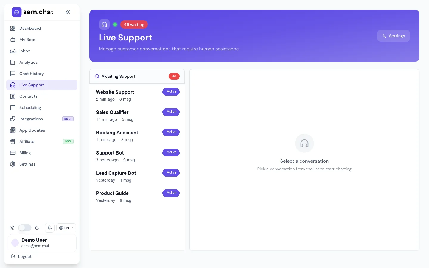 Реальный CRM Software Pro скриншот демонстрационной рабочей области Live Support