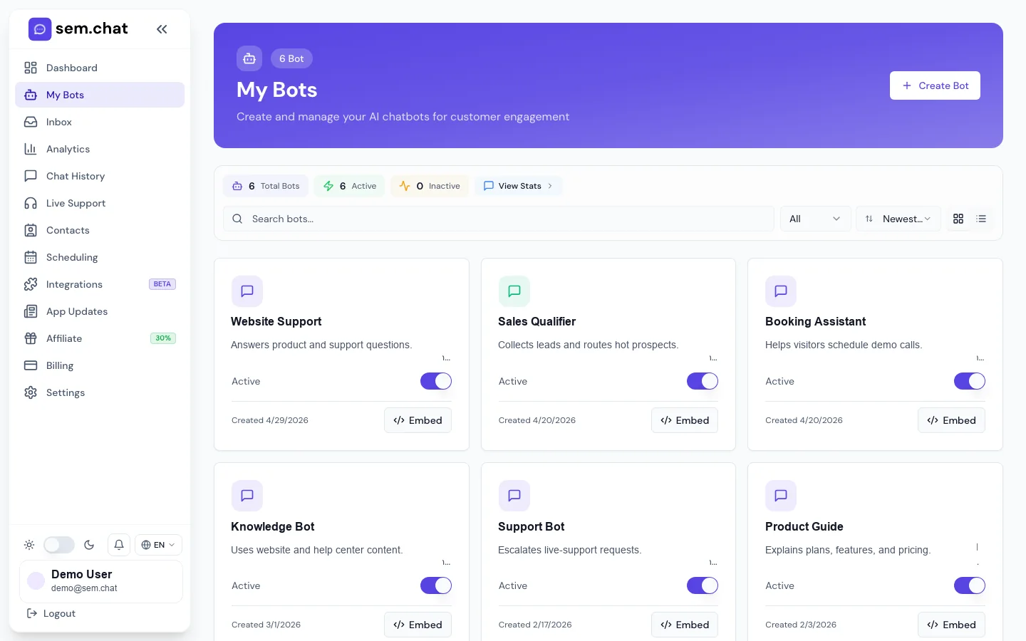 Реальный CRM Software Pro скриншот демонстрационного рабочего пространства для ботов и Bot Builder