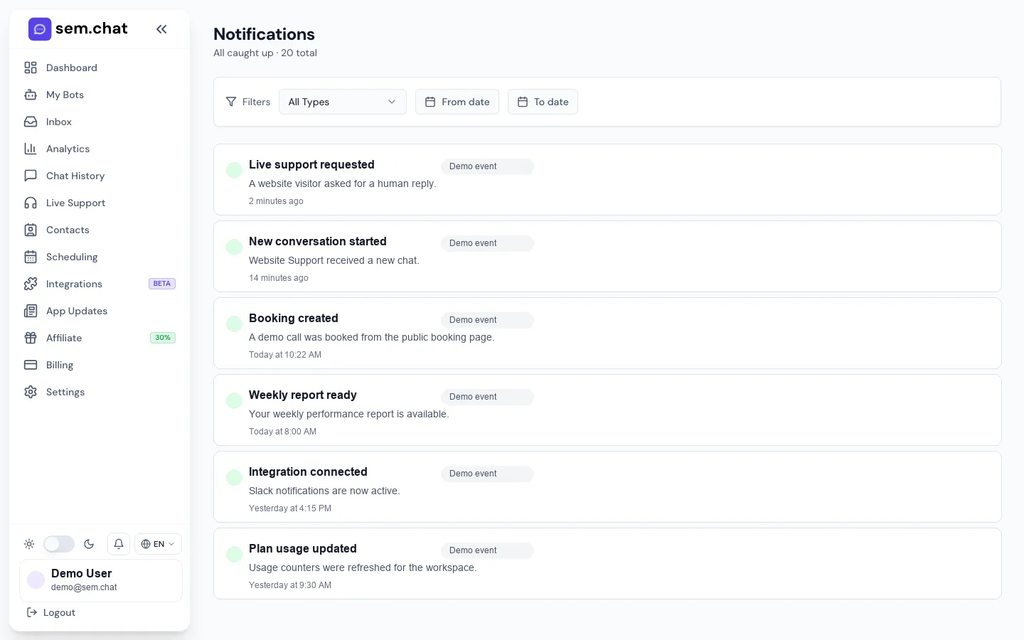 Реальный CRM Software Pro скриншот демонстрационной рабочей области уведомлений