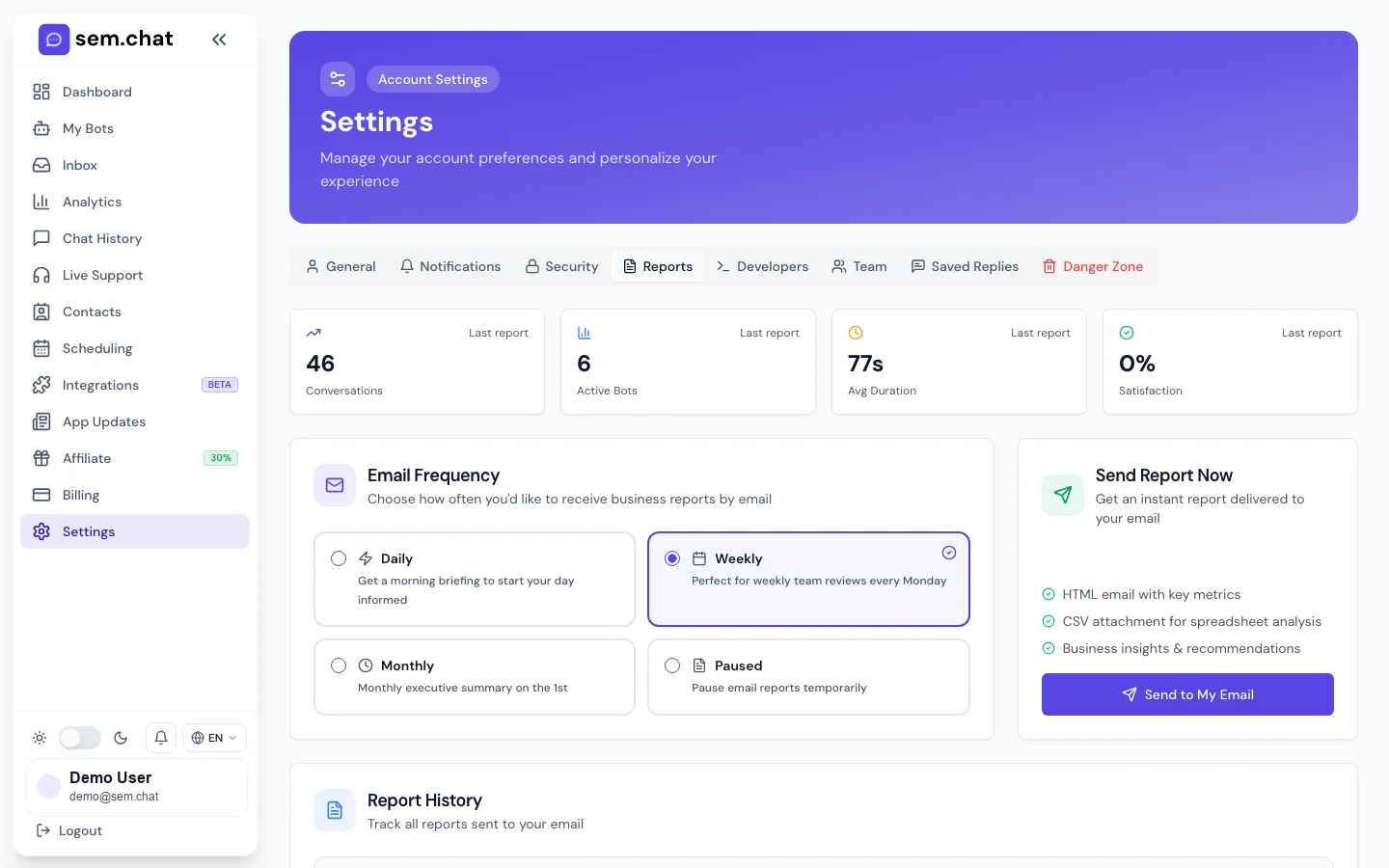 Реальный CRM Software Pro Скриншот демонстрационной рабочей области с настройками отчета