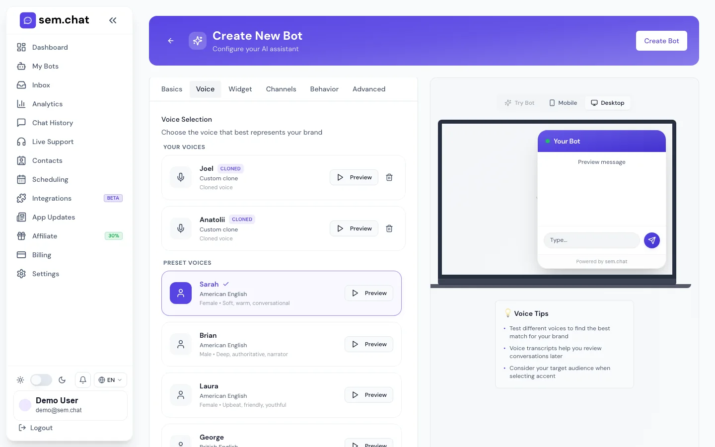 Реальный CRM Software Pro скриншот демонстрационной рабочей области с настройками голоса и аватара