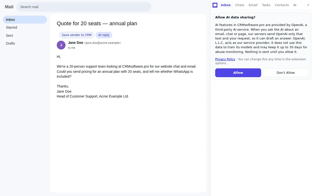 The extension asks for consent before AI reply drafts are created