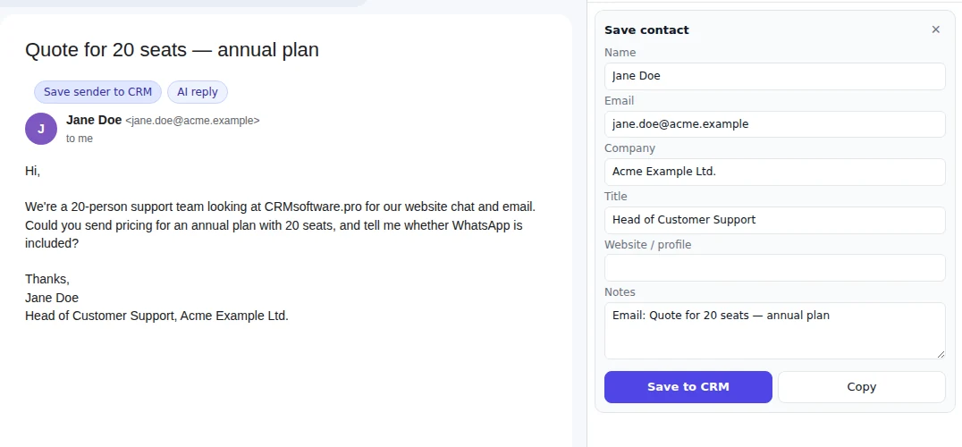 Gmail email with a Save sender to CRM button and a pre-filled contact card in the side panel