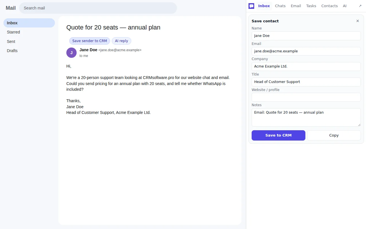 Gmail email with a Save sender to CRM button and a pre-filled contact card in the side panel