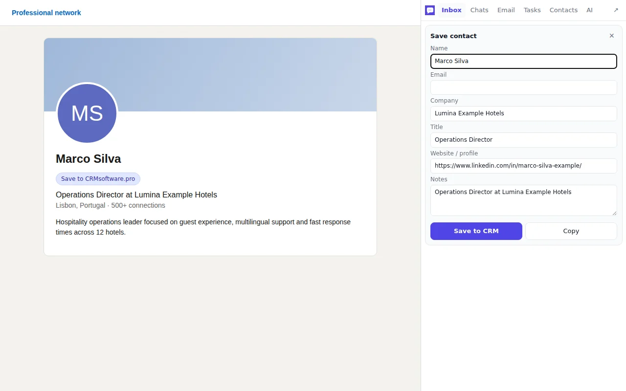 LinkedIn profile saved as a lead in the CRMsoftware.pro side panel