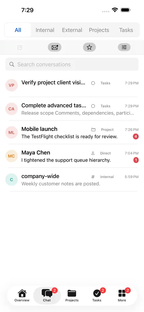 Экран приложения CRMsoftware.pro для iPhone: Один список для всех чатов
