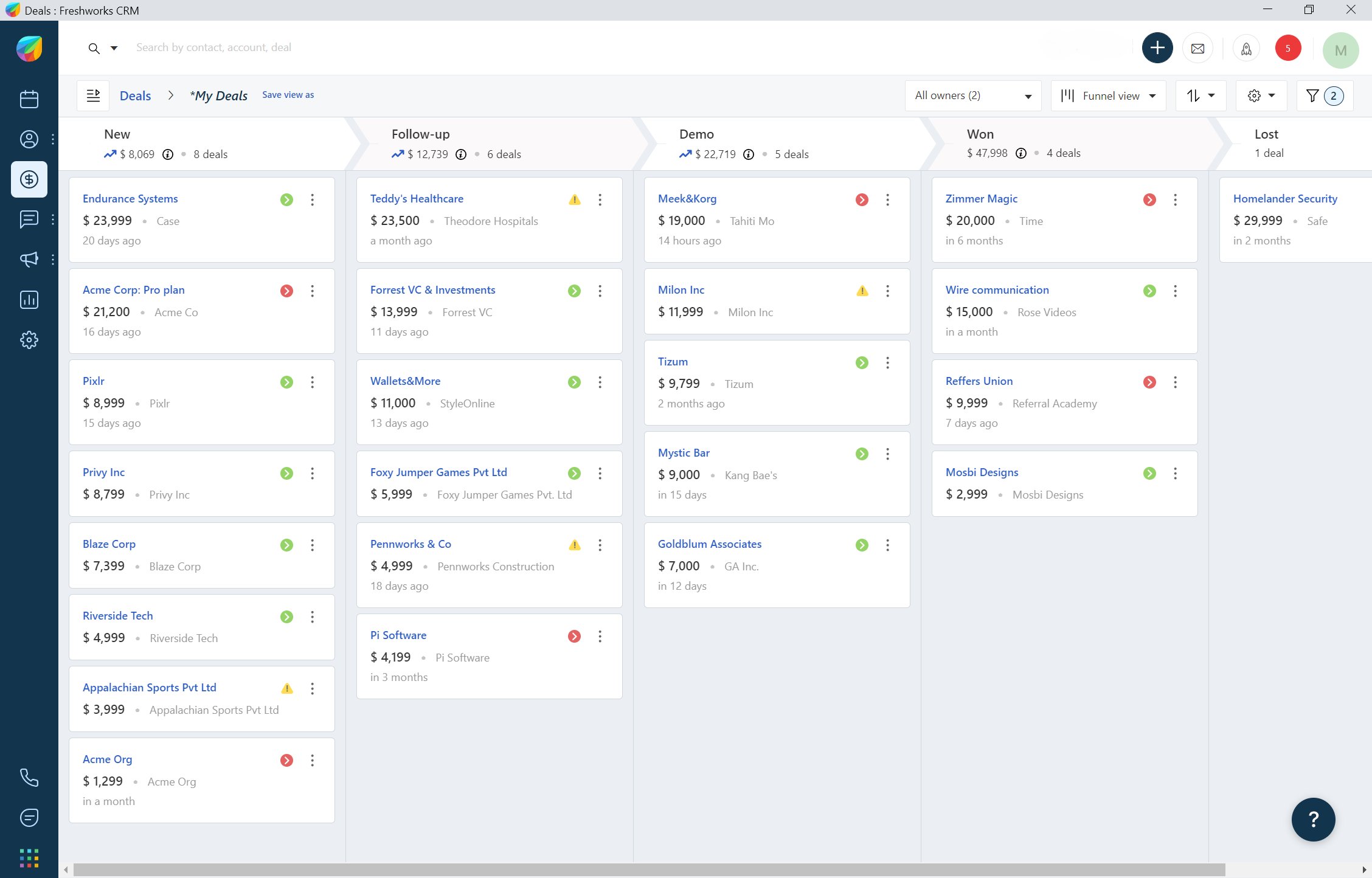 Freshsales Deals app showing a live pipeline with New, Follow-up, Demo, Won and Lost stages.