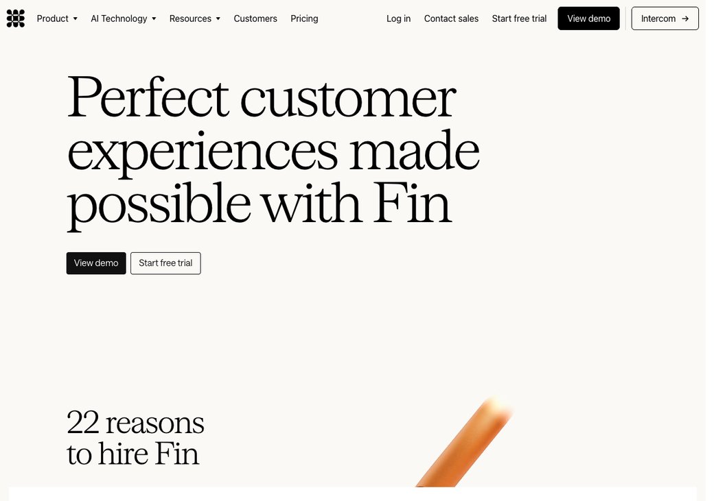 Intercom Fin homepage showing the AI support agent