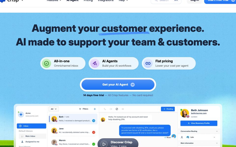 Crisp homepage for all-in-one customer messaging