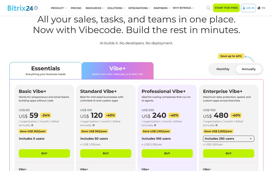 Bitrix24 Vibe+ launch prices: Basic Vibe+ US$59, Standard Vibe+ US$120, Professional Vibe+ US$240 and Enterprise Vibe+ US$480 per organization a month billed annually
