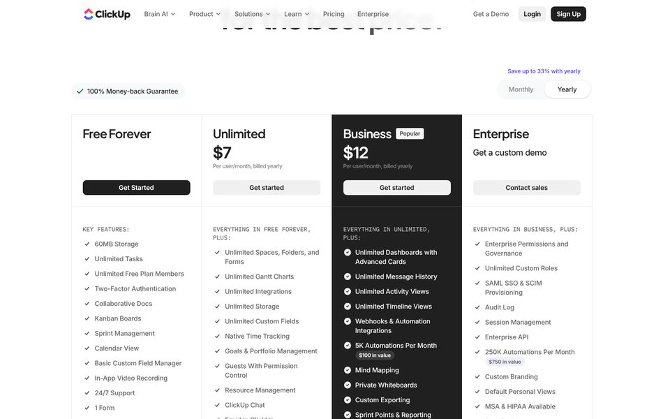 ClickUp pricing page: Free Forever, Unlimited $7 and Business $12 per user a month billed yearly, Enterprise custom