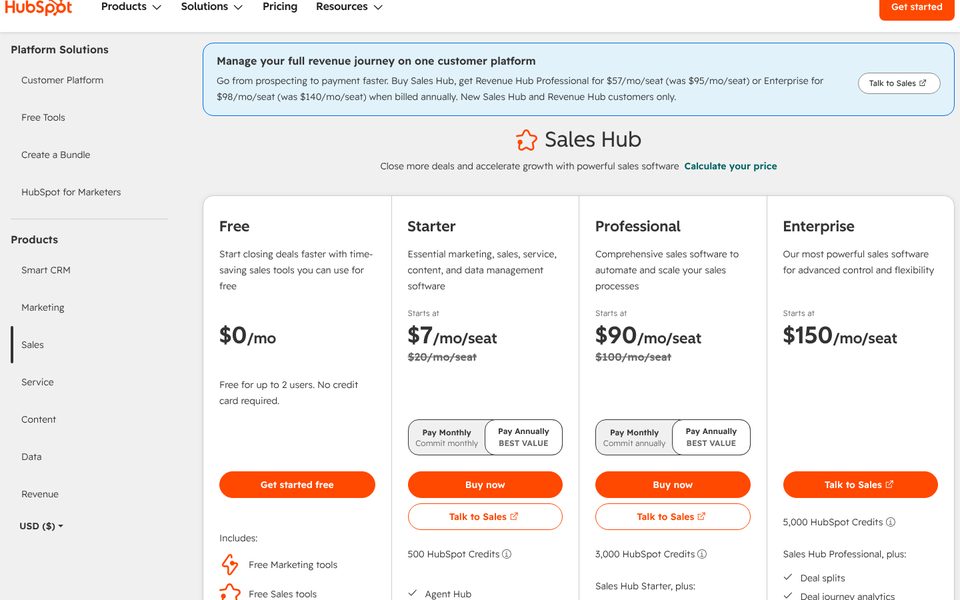 HubSpot Sales Hub pricing page: Free, Starter $7, Professional $90 and Enterprise $150 per seat a month