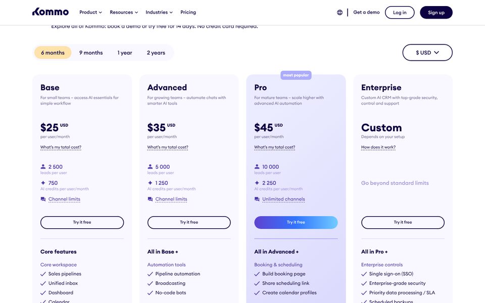 Kommo pricing page on the 6-month term: Base $25, Advanced $35 and Pro $45 per user a month, Enterprise custom