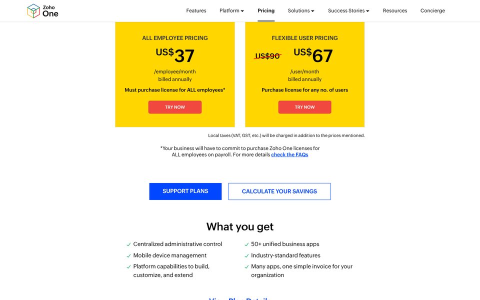 Zoho One pricing page: all-employee pricing US$37 per employee a month and flexible user pricing US$67 per user a month, billed annually