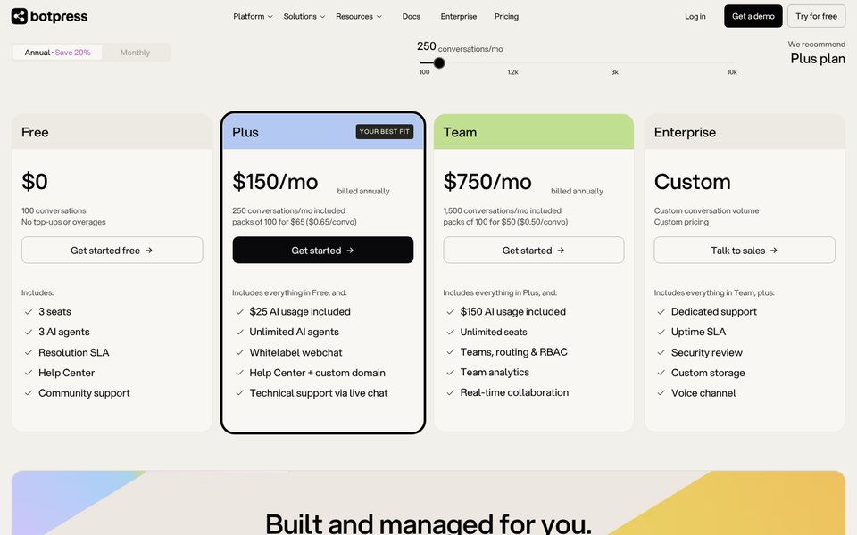 Сторінка цін Botpress, оплата за рік: Free — $0 за 100 розмов, Plus — $150 на місяць за 250 розмов, Team — $750 на місяць за 1 500 розмов, Enterprise — індивідуально