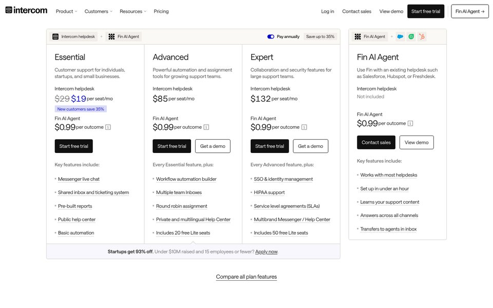 Сторінка цін Intercom, оплата за рік: Essential — $19 за користувача для нових клієнтів (за прайсом $29), Advanced — $85 і Expert — $132 за користувача на місяць, плюс $0,99 за кожен результат Fin