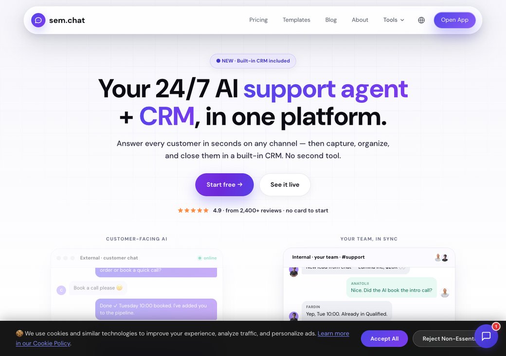 CRM Software Pro homepage showing an AI chat widget
