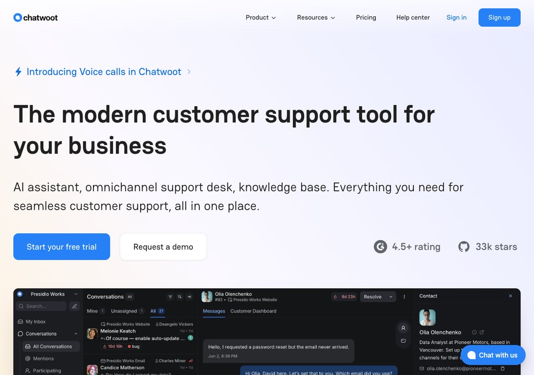 Chatwoot homepage showing an open-source support inbox