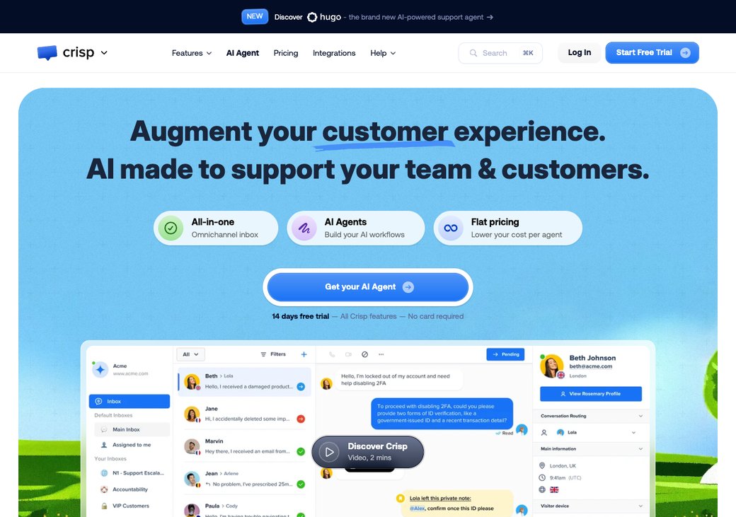 Crisp homepage showing a shared inbox and live chat