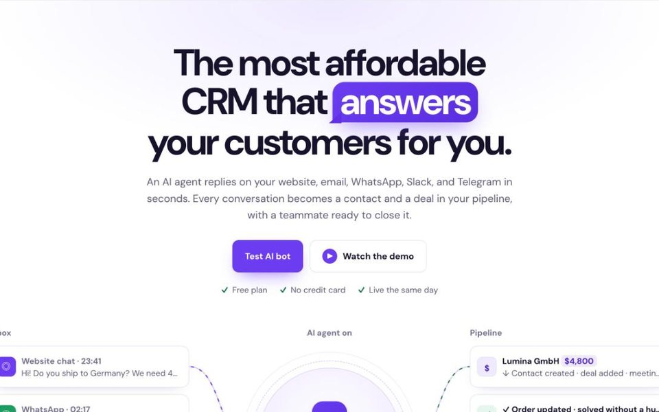 Главная страница CRMsoftware.pro: ИИ-агент отвечает в чате на сайте, по email, в WhatsApp, Slack и Telegram и добавляет каждый диалог в воронку продаж