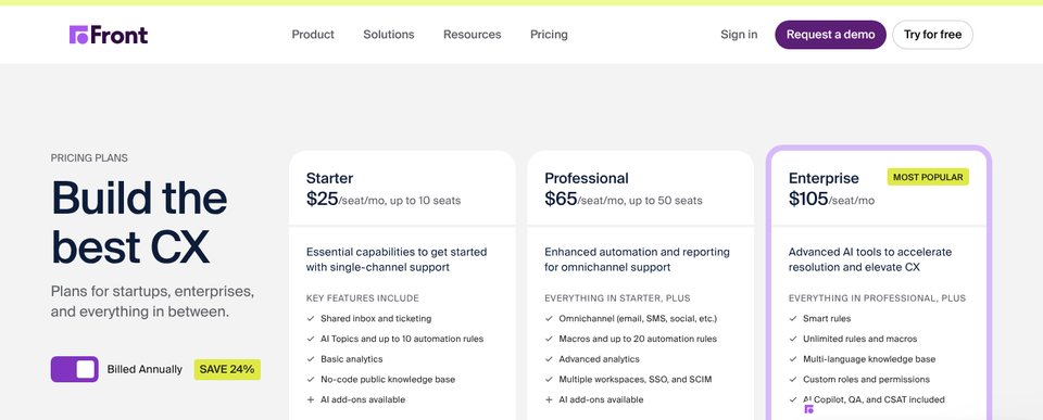 Страница цен Front: Starter $25 до 10 мест, Professional $65 до 50 мест и Enterprise $105 за место в месяц при оплате за год