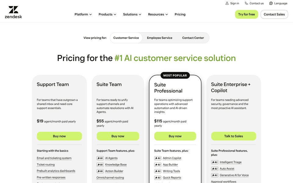 Страница цен Zendesk: Support Team $19, Suite Team $55 и Suite Professional $115 за оператора в месяц при оплате за год