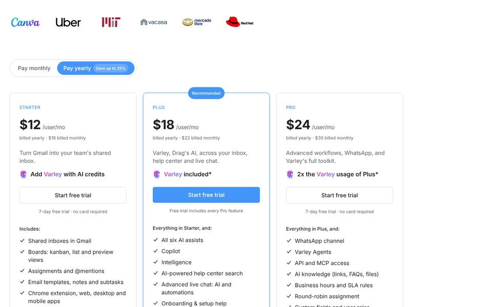 صفحة أسعار Drag: خطة Starter بسعر $12 وPlus بسعر $18 وPro بسعر $24 لكل مستخدم شهريًا مع الفوترة السنوية