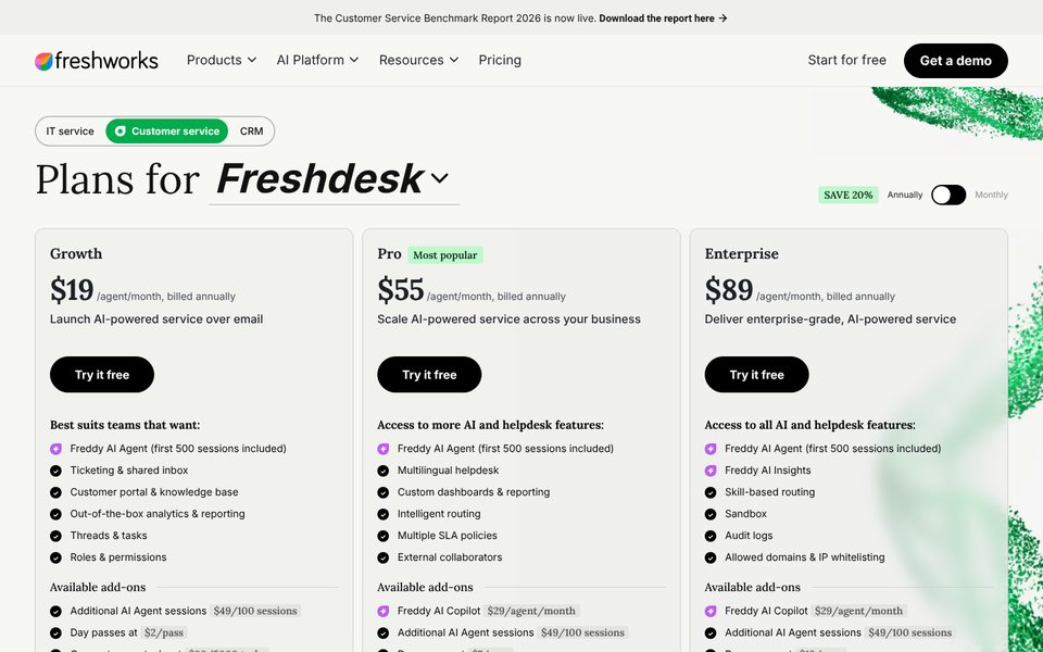 صفحة أسعار Freshdesk: خطة Growth بسعر $19 وPro بسعر $55 وEnterprise بسعر $89 لكل موظف دعم شهريًا مع الفوترة السنوية، وأول 500 جلسة من Freddy AI Agent مشمولة