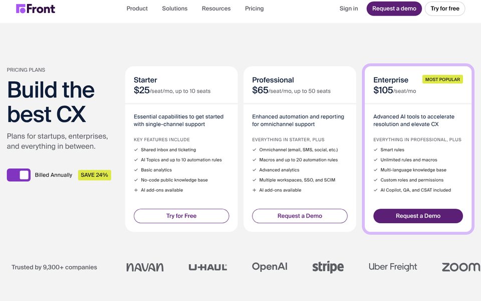 Front pricing page: Starter $25, Professional $65 and Enterprise $105 per seat a month, billed annually