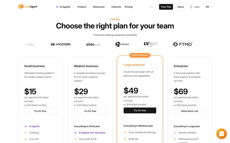 LiveAgent pricing page: Small business $15, Medium $29, Large $49 and Enterprise $69 per agent a month billed annually