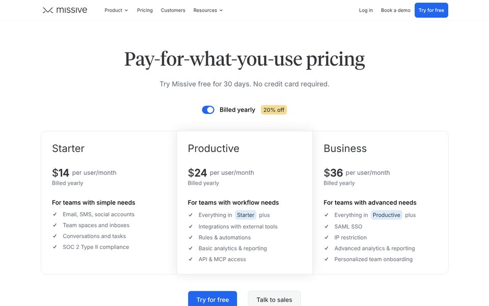 Missive pricing page: Starter $14, Productive $24 and Business $36 per user a month billed yearly