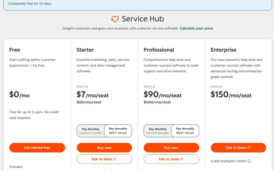 Сторінка цін HubSpot Service Hub: Free $0, Starter $7, Professional $90 і Enterprise $150 за місце на місяць при оплаті за рік