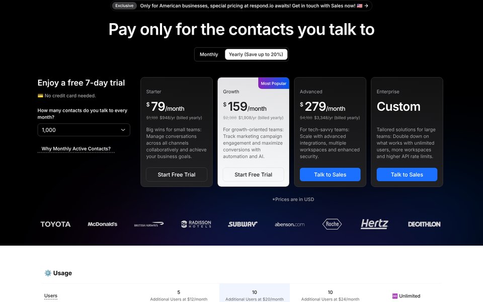 Pagina prezzi di respond.io, fatturazione annuale, 1.000 contatti: Starter $79, Growth $159 e Advanced $279 al mese; Enterprise su misura