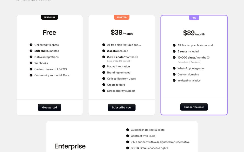 Pagina prezzi di Typebot: Free per 200 chat al mese, Starter $39 al mese per 2.000 chat e 2 licenze, Pro $89 al mese per 10.000 chat e 5 licenze