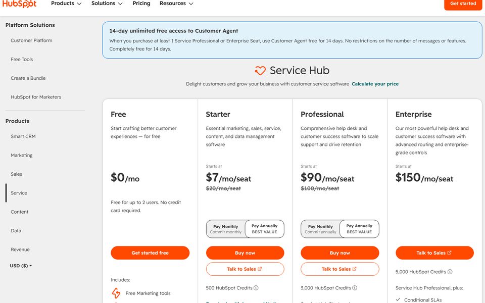 Página de preços do HubSpot Service Hub: plano gratuito, Starter $7, Professional $90 e Enterprise $150 por licença por mês