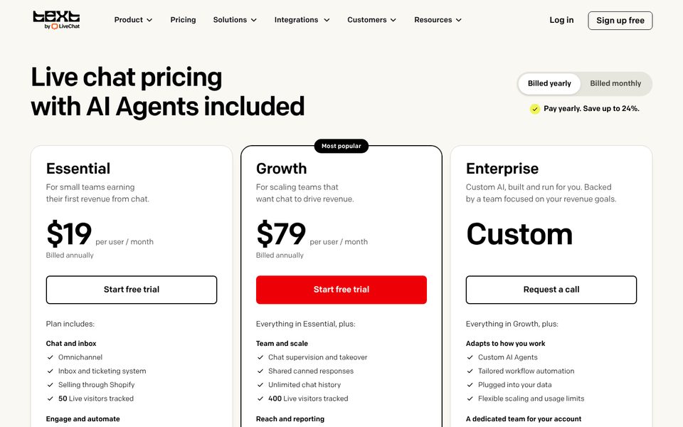 Página de preços do LiveChat com os planos do Text: Essential $19 e Growth $79 por utilizador por mês com faturação anual, Enterprise personalizado