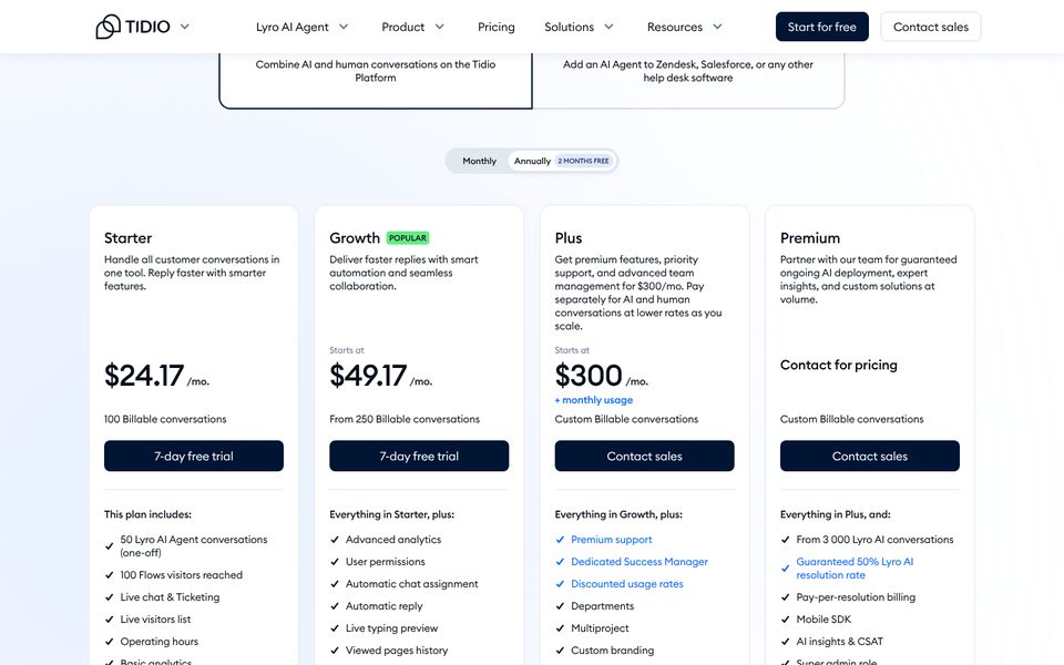 Página de preços do Tidio: Starter $24,17 por mês, Growth a partir de $49,17 e Plus a partir de $300 com faturação anual