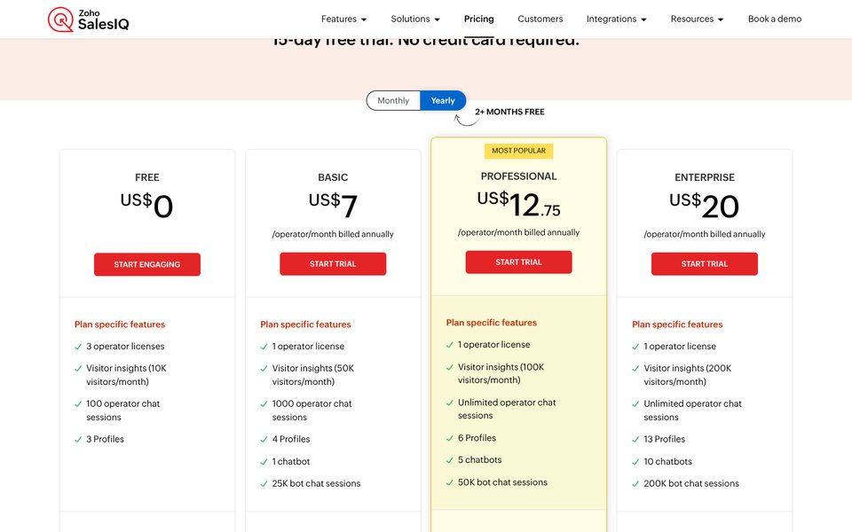 Página de preços do Zoho SalesIQ: plano gratuito, Basic US$7, Professional US$12,75 e Enterprise US$20 por operador por mês com faturação anual