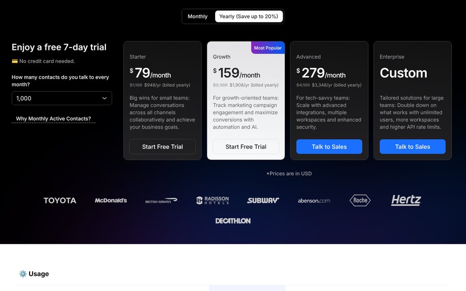respond.io 价格页（按年付费，1,000 个联系人）：Starter $79、Growth $159、Advanced $279 每月；Enterprise 按需定价