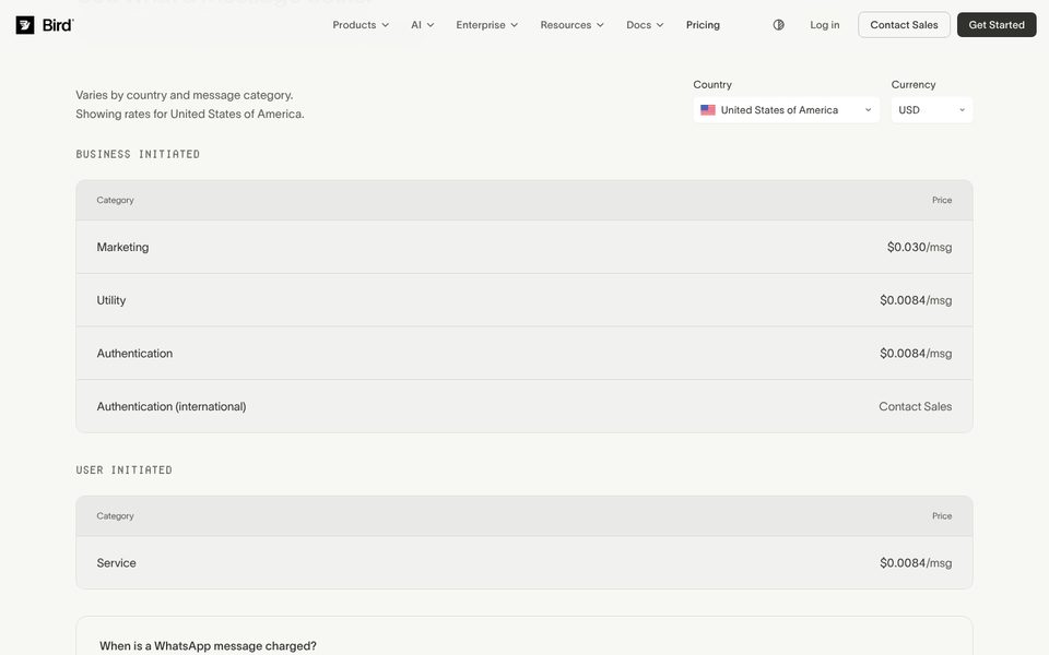 Tarifs WhatsApp de Bird pour les États-Unis : marketing $0,030 et utilitaire, authentification et service $0,0084 par message