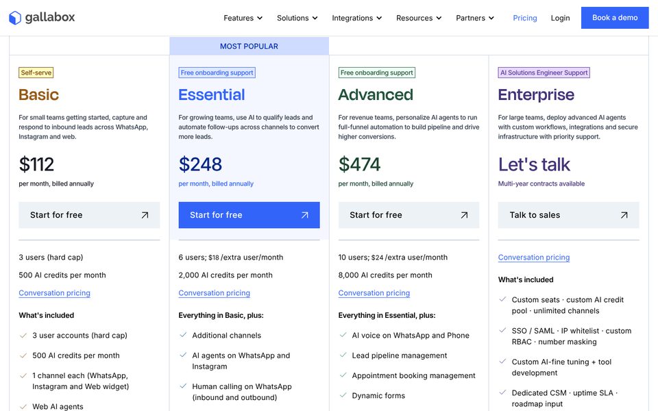 Page tarifaire de Gallabox, en facturation annuelle : Basic $112, Essential $248 et Advanced $474 par mois, Enterprise sur demande