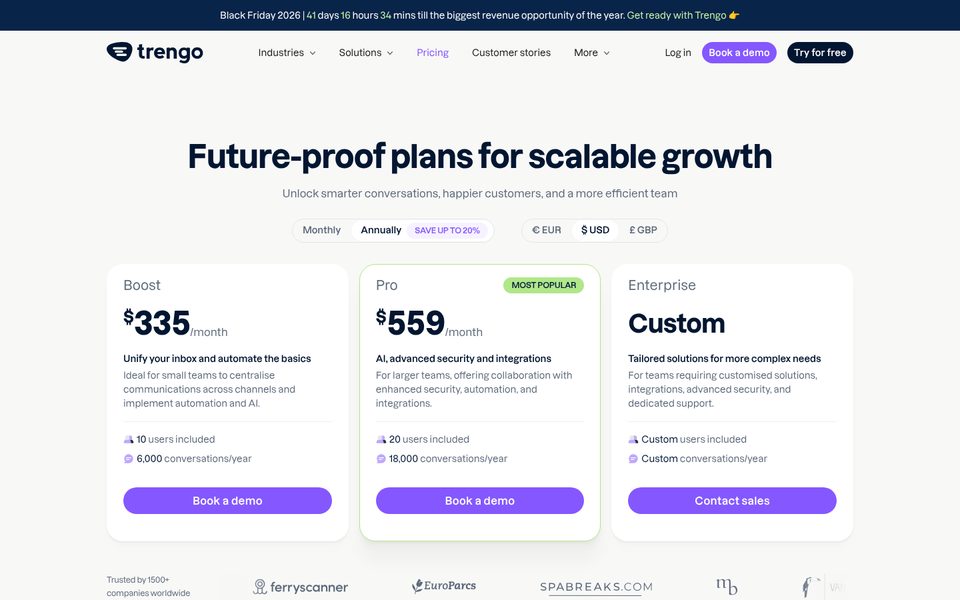 Page tarifaire de Trengo en dollars américains, en facturation annuelle : Boost $335 et Pro $559 par mois, Enterprise sur devis
