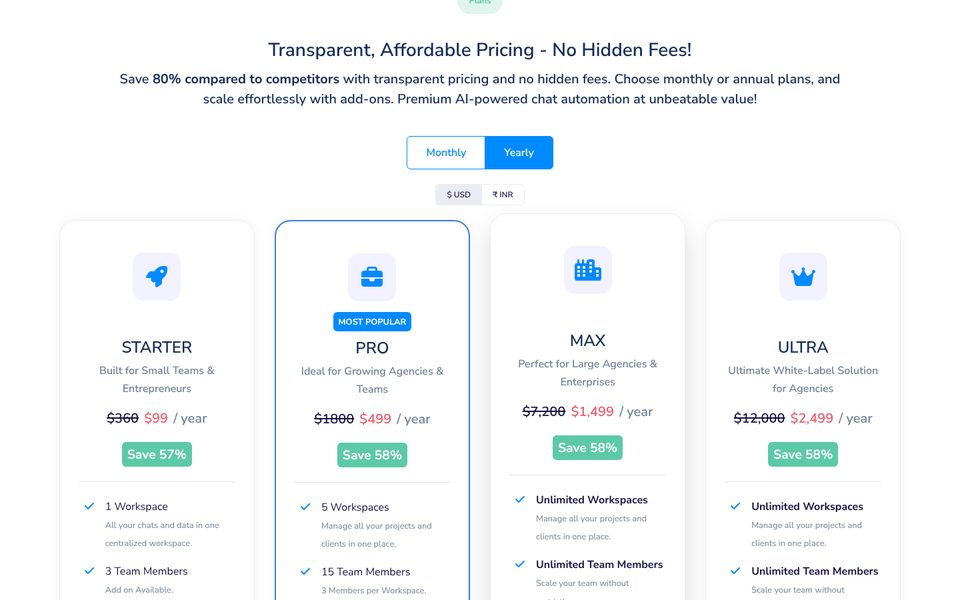 Страница цен ChatMaxima при оплате за год: Starter $99, Pro $499, Max $1 499 и Ultra $2 499 в год
