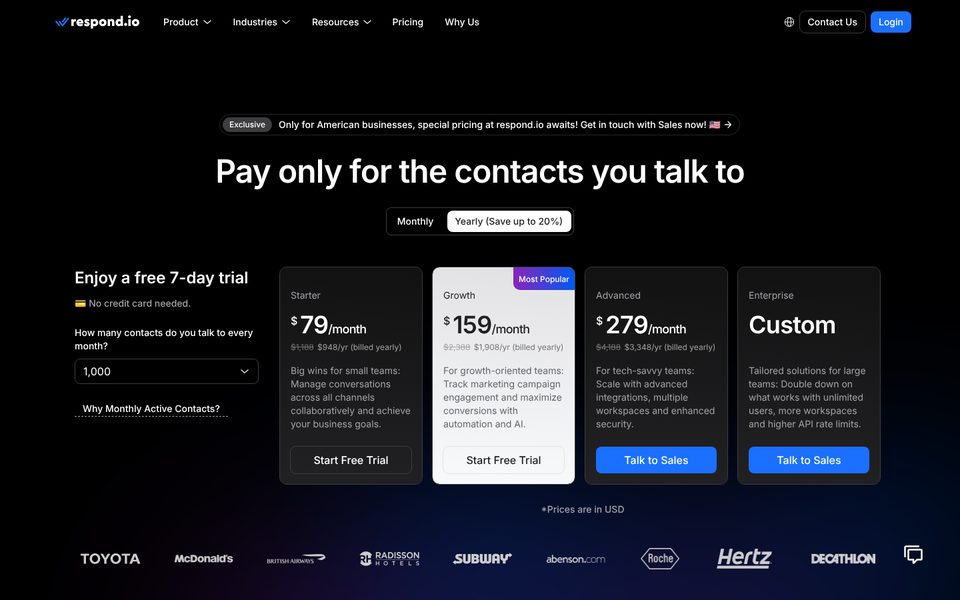 Страница цен respond.io для 1 000 активных контактов в месяц, оплата за год: Starter $79, Growth $159 и Advanced $279 в месяц, Enterprise — цена по запросу
