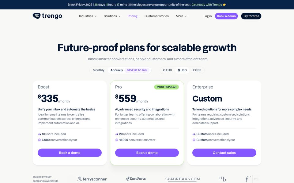 Страница цен Trengo в долларах США при оплате за год: Boost $335 и Pro $559 в месяц, Enterprise — цена по запросу