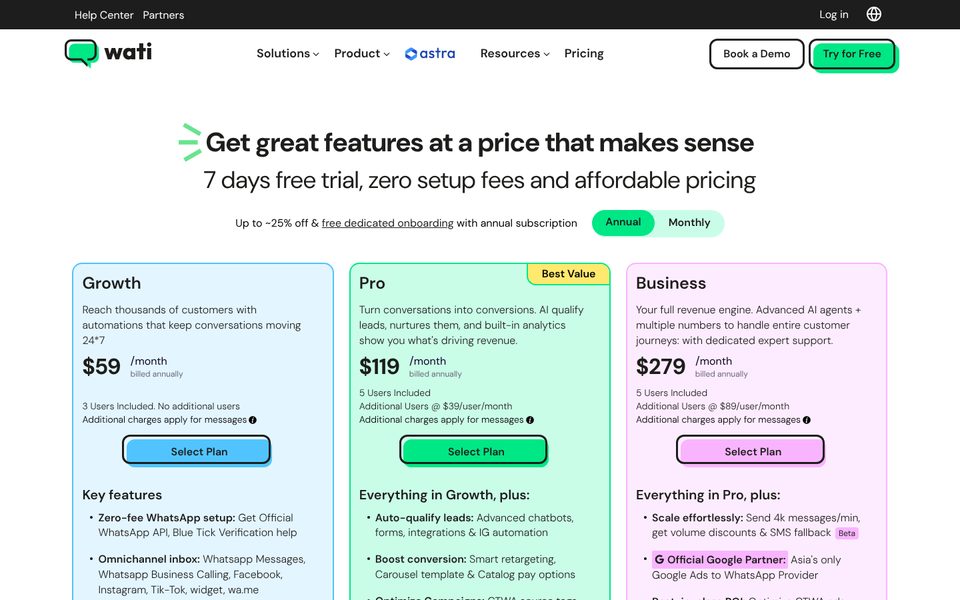 Страница цен WATI при оплате за год: Growth $59, Pro $119 и Business $279 в месяц